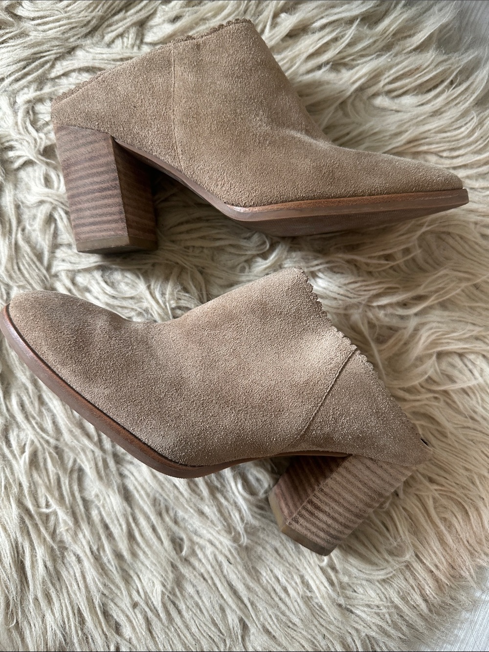 Via Spiga Taupe Suede Ankle Booties with Stacked Heel